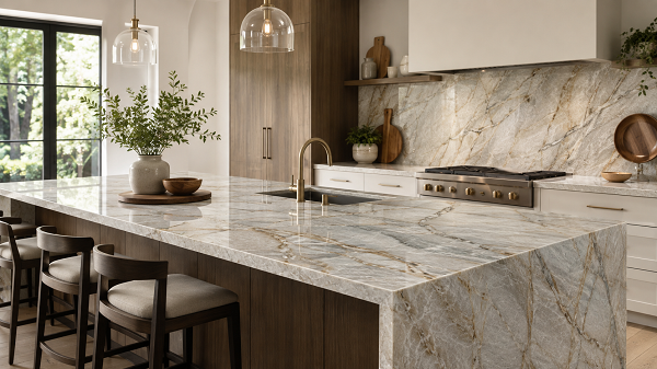 Luxurious Veined Stone Kitchen Island